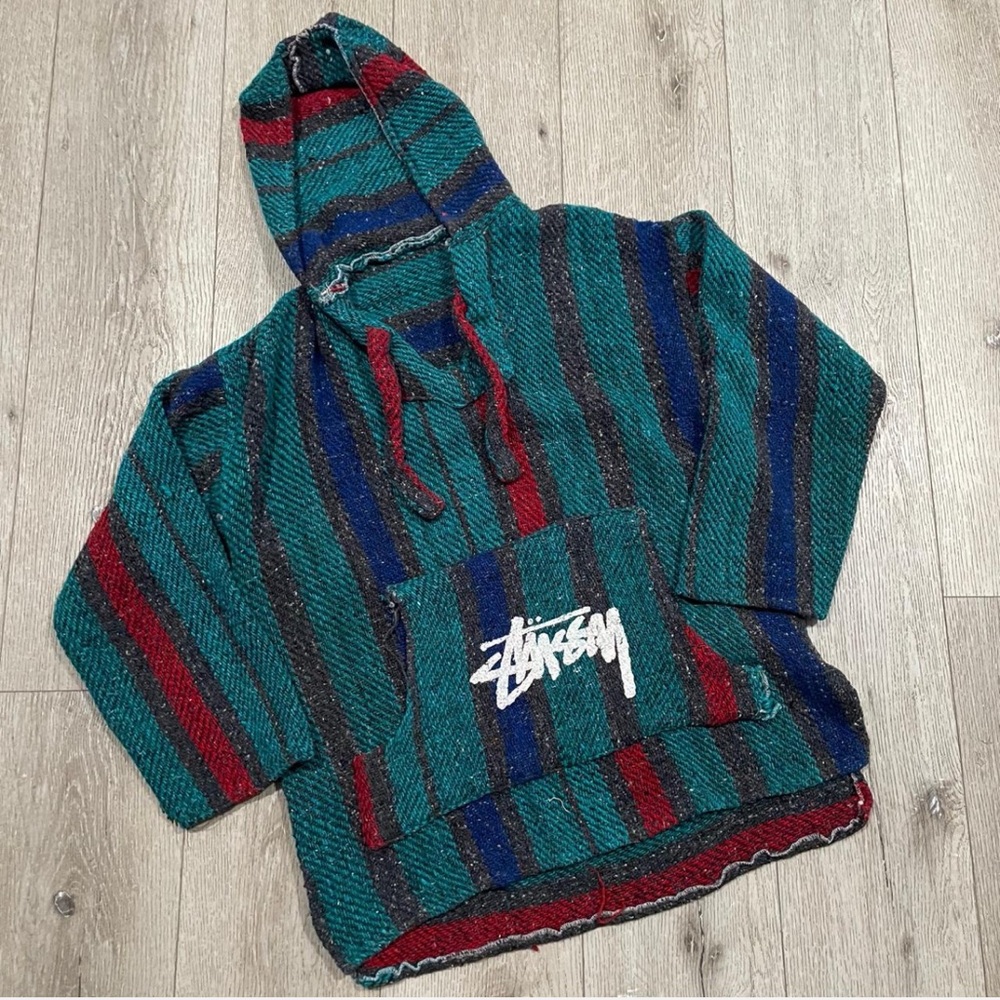 Vintage 90s Stussy Baja Hoodie Drug Rug Pullover One 8 Ball Rasta Sz S - M - Picture 2 of 7